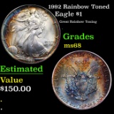 1992 Silver Eagle Dollar Rainbow Toned $1 Grades GEM+++ Unc