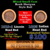 Mixed small cents 1c orig shotgun roll, 1919-d Wheat Cent, 1883 Indian Cent other end, Brinks Wrappe