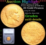 ***Auction Highlight*** 1858A France 20 Gold Francs Napoleon III KM-781.1 Graded au55 details By SEG