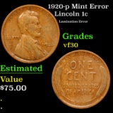 1920-p Lincoln Cent Mint Error 1c Grades vf++