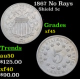 1867 No Rays Shield Nickel 5c Grades xf+