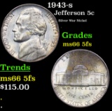 1943-s Jefferson Nickel 5c Grades GEM+ 5fs