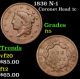 1836 Coronet Head Large Cent N-1 1c Grades f+