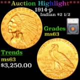 ***Auction Highlight*** 1914-p Gold Indian Quarter Eagle 2.5 Graded MS63 by SEGS (fc)