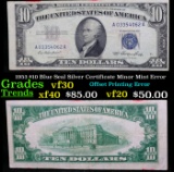1953 $10 Blue Seal Silver Certificate Minor Mint Error Grades vf++