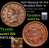 1855 Slanted 55 Braided Hair Large Cent N-9  1c Graded ms63 bn By SEGS