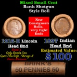 Mixed small cents 1c orig shotgun roll, 1916-d Wheat Cent, 1897 Indian Cent other end, Brinks Wrappe