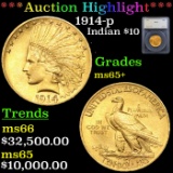 ***Auction Highlight*** 1914-p Gold Indian Eagle $10 Graded ms65+ by SEGS (fc)