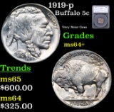 1919-p Buffalo Nickel 5c Grades Choice+ Unc By SEGS