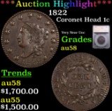 ***Auction Highlight*** 1822 Coronet Head Large Cent 1c Graded au58 By SEGS (fc)