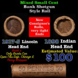 Mixed small cents 1c orig shotgun roll, 1917-s Wheat Cent, 1898 Indian Cent other end, Brinks Wra