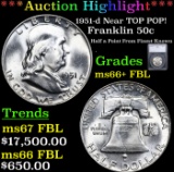 ***Auction Highlight*** 1951-d Franklin Half Dollar Near TOP POP! 50c Graded ms66+ FBL By SEGS (fc)