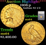 ***Auction Highlight*** 1908-p Gold Indian Quarter Eagle $2 1/2 Graded ms64 By SEGS (fc)