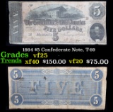 1864 $5 Confederate Note, T-69 Grades vf+