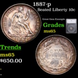 1887-p Seated Liberty Dime 10c Grades GEM Unc By SEGS