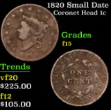 1820 Small Date Coronet Head Large Cent 1c Grades f+
