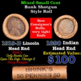 Mixed small cents 1c orig shotgun roll, 1919-d Wheat Cent, 1890 Indian Cent other end, Brinks Wrappe