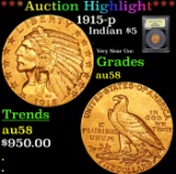 ***Auction Highlight*** 1915-p Gold Indian Half Eagle $5 Graded Choice AU/BU Slider By USCG (fc)