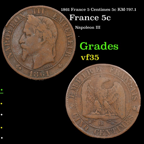 1861 France 5 Centimes 5c KM-797.1 Grades vf++