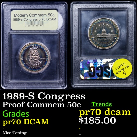 Proof 1989-S Congress Modern Commem Half Dollar 50c Graded GEM++ Proof Deep Cameo By USCG