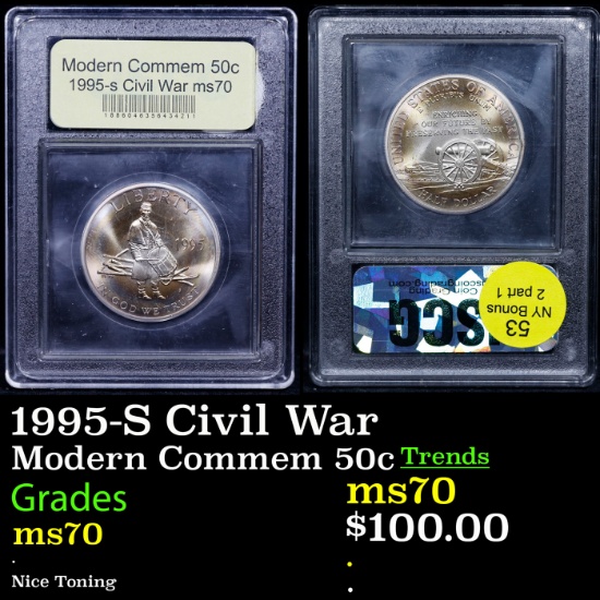 1995-S Civil War Modern Commem Half Dollar 50c Graded ms70, Perfection By USCG