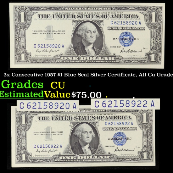 3x Consecutive 1957 $1 Blue Seal Silver Certificate, All Cu Grade Grades Choice CU