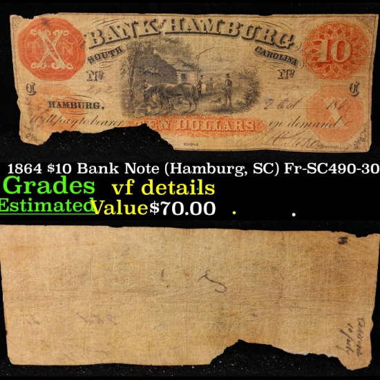 1864 $10 Bank Note (Hamburg, SC) Fr-SC490-30 Grades vf details
