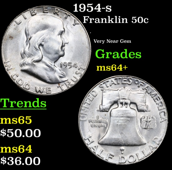 1954-s Franklin Half Dollar 50c Grades Choice+ Unc