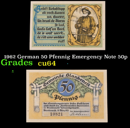 1962 German 50 Pfennig Emergency Note 50p Grades Choice CU