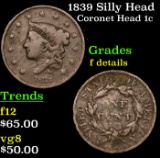 1839 Silly Head Coronet Head Large Cent 1c Grades f details