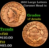 1832 Large Letters Coronet Head Large Cent 1c Grades vf details