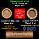 Mixed small cents 1c orig shotgun roll, 1919-s Wheat Cent, 1889 Indian Cent other end, Brinks Wrappe