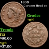 1838 Coronet Head Large Cent 1c Grades vg+