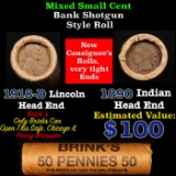Mixed small cents 1c orig shotgun roll, 1918-d Wheat Cent, 1890 Indian Cent other end, Brinks Wrappe