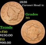 1826 Coronet Head Large Cent 1c Grades f+