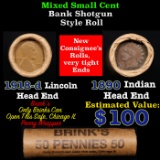 Mixed small cents 1c orig shotgun roll, 1918-d Wheat Cent, 1890 Indian Cent other end, Brinks Wrappe