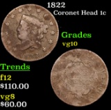 1822 Coronet Head Large Cent 1c Grades vg+