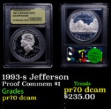 Proof 1993-s Jefferson Modern Commem Dollar $1 Graded GEM++ Proof Deep Cameo BY USCG