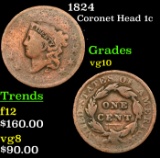 1824 Coronet Head Large Cent 1c Grades vg+