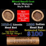 Mixed small cents 1c orig shotgun roll, 1916-d Wheat Cent, 1898 Indian Cent other end, Brinks Wrappe