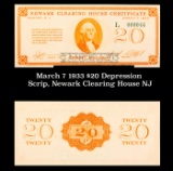 March 7 1933 $20 Depression Scrip, Newark Clearing House NJ Grades NG