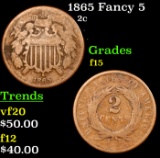 1865 Fancy 5 Two Cent Piece 2c Grades f+