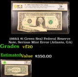 PCGS 1988A $1 Green Seal Federal Reserve Note, Serious Mint Error (Atlanta, GA) Graded vf20 By PCGS