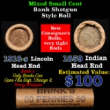 Mixed small cents 1c orig shotgun roll, 1916-s Wheat Cent, 1859 Indian Cent other end, Brinks Wrappe