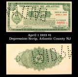April 1 1933 $1 Depression Scrip, Atlantic County NJ Grades NG