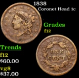 1838 Coronet Head Large Cent 1c Grades f, fine