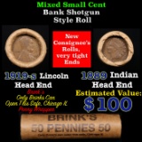 Mixed small cents 1c orig shotgun roll, 1919-s Wheat Cent, 1889 Indian Cent other end, Brinks Wrappe