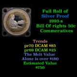 Full Roll of Proof Silver 1993-S Bill of Rights Half Dollar, 20 Coins total.