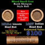 Mixed small cents 1c orig shotgun roll, 1918-s Wheat Cent, 1887 Indian Cent other end, Brinks Wrappe