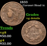 1833 Coronet Head Large Cent 1c Grades vg details